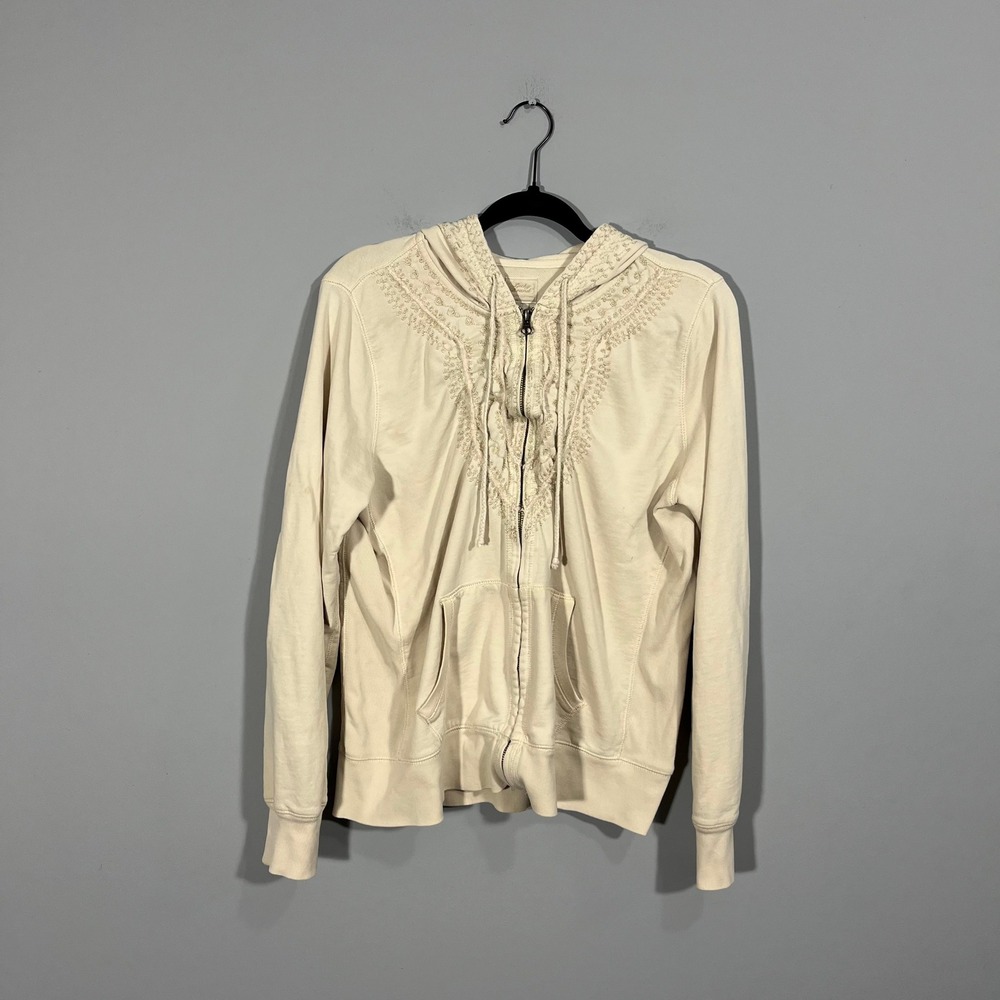Lucky Brand Womens XL Vintage Y2K Cream Embroidered Full Zip Hoodie Boho Cotton - Picture 2 of 8